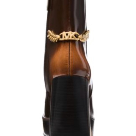 Michael Kors Brown Leather Heeled Boots with Gold Chain NWOB - Picture 2 of 10